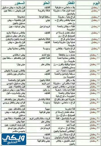 جدول وجبات رمضان 2023 لمدة 30 يوما