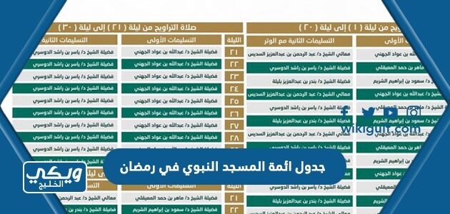 جدول ائمة المسجد النبوي في رمضان