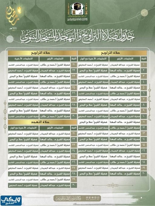 جدول صلاتي التراويح والتهجد في الحرم المكي 2023