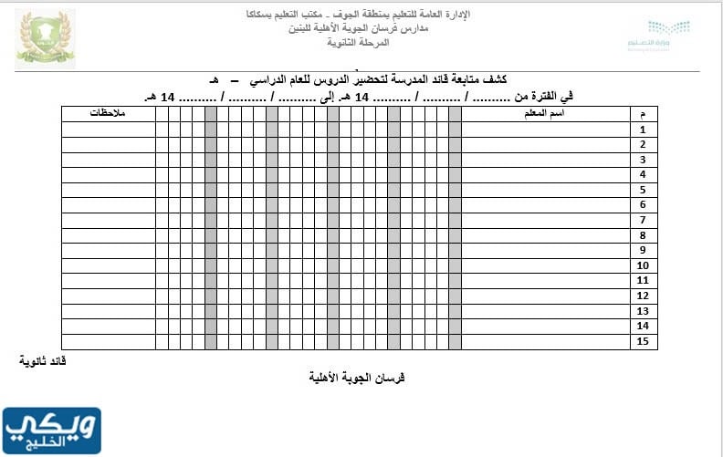 سجل متابعة دفاتر التحضير للمعلمين حسب الدليل الاجرائي