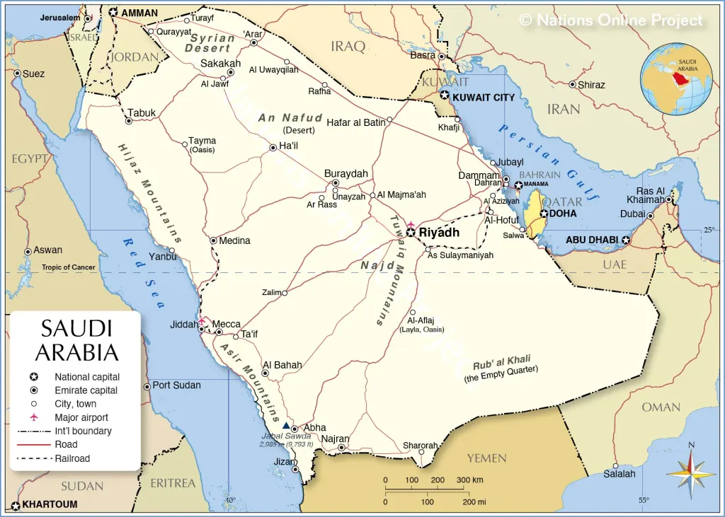 خريطة المملكة العربية السعودية وحدودها