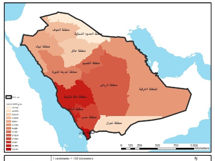 خريطة الكثافة السكانية في المملكة العربية السعودية