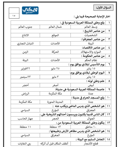 اختبار اجتماعيات رابع الفصل الاول 1445